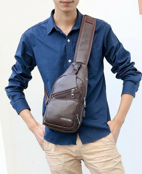 

brand men's leather chest sling packs shoulder cross body bag cycle day satchel waist bags