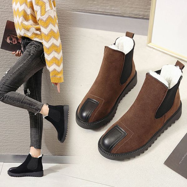 

autumn/winter fashion women's short tube thick soled cotton boots with flat heels retro all-match shoes velvet, Black
