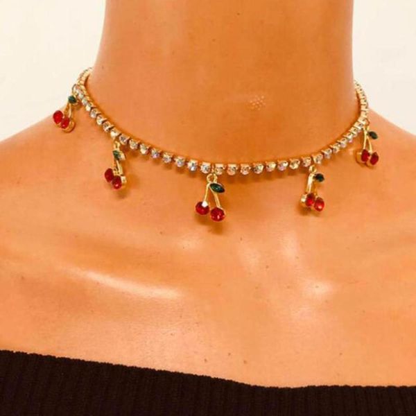 

charm rhinestone cherry pendant necklace for women statement tennis chain choker crystal collar girls hip hop jewelry, Golden;silver