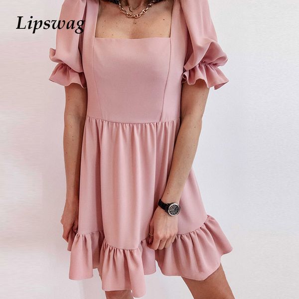 

elegant square collar solid summer dresses fashion vintage short sleeve lady party dress women casual ruffle mini dress vestidoshigh quality, Black;gray