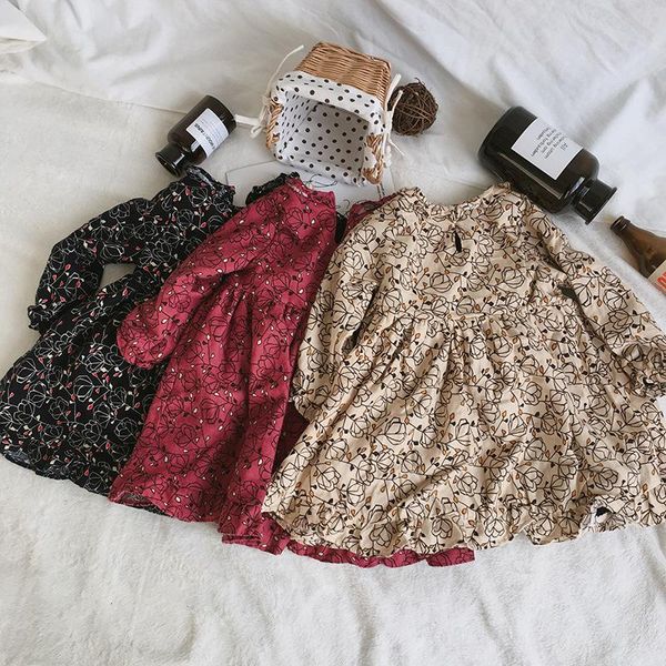 

girl's dresses 2 3 4 5 6 y toddler girl winter clothes dress plus velvet fashion flower print long sleeves warm baby kids clothing, Red;yellow