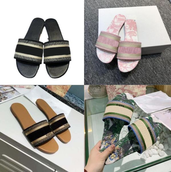 

2021 women sandals slippers embroidery designers slides sandal floral brocade flip flops striped beach leather dazzle flower slipper loafers, Black