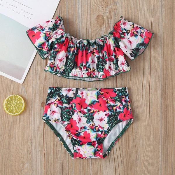 

one-pieces telotuny swimwear baby kids girls summer short sleeve ruffle flower print swimsuit shorts set two piece bikini beach wear, Black