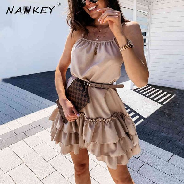 

spaghetti strap ruffle khaki dress summer sleeveless women mini sundress female casual ruffled vestidos 210412, Black;gray