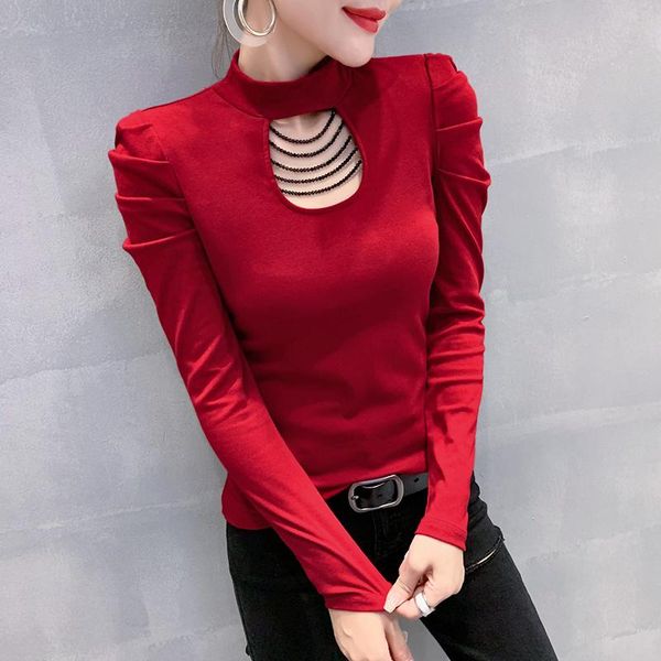 

women's t-shirt long sleeve woman 2021 spring autumn hollow out elegant slim female shirt women clothing plus size, White