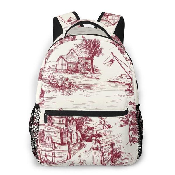 

backpack women casual travel bag classic french town toile red color school fashion shoulder for teenage girl bagpack