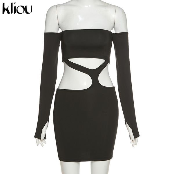 

2021kliou off shoulder hollow out skinny women bodycon dresses solid autumn 2021 fashion party clubwear mini dress female, Black;gray