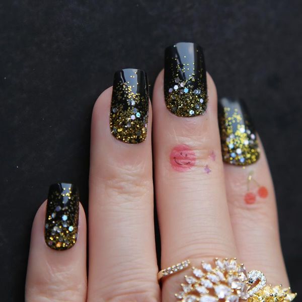 

false nails ombre glitter black fake art golden square gel glossy, Red;gold