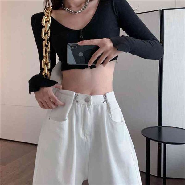 Cintura alta Calças de brim branco preto para mulheres moda larga perna denim streetwear mãe vintage namorado harajuku calças retas 210629