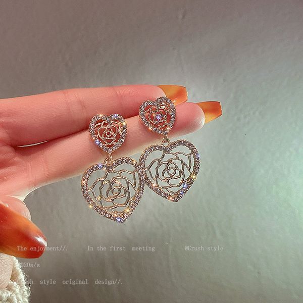 

925 silver needle inlaid diamond love hollow flower earrings court style fashion temperament earrings net red earrings girl