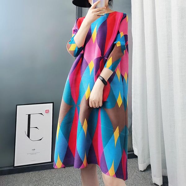 

casual dresses 2021 autumn winter miyake pleated geometric print dress long sleeve plus size women korean fashion aesthetic clothing, Black;gray