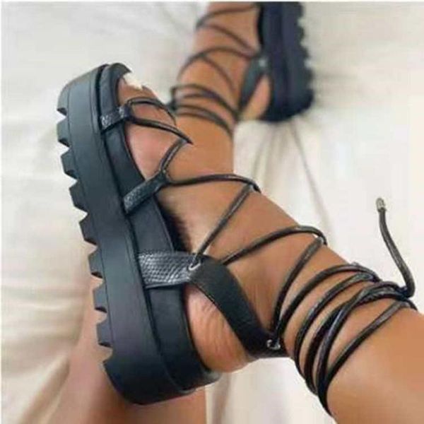 Sandali Sexy 2021 Summer Black Cross Piattaforma con tacco alto da donna Strappy Wedge Front Open Toe Scarpe da donna Taglia 35-43