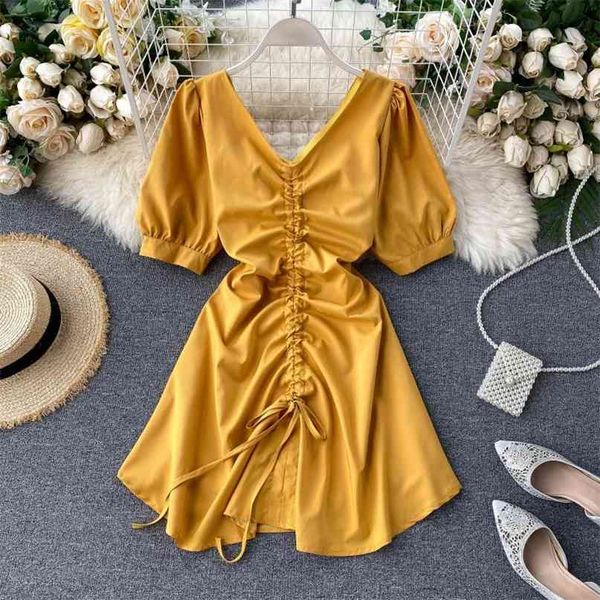 

women fashion drawstring pleated v-neck short puff sleeve dress female summer solid color vestidos m244 210527, Black;gray