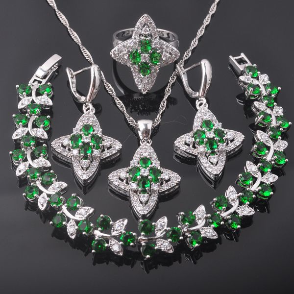 

2020 birthday gift jewellry green cubic zirconia 4 piece set for women silver color jewelry sets costume qs342