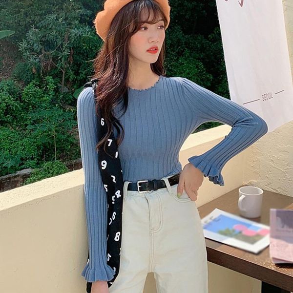 

autumn ruffles sleeve sweaters women pullover korean fashion o-neck knitted female bottoming women's, White;black