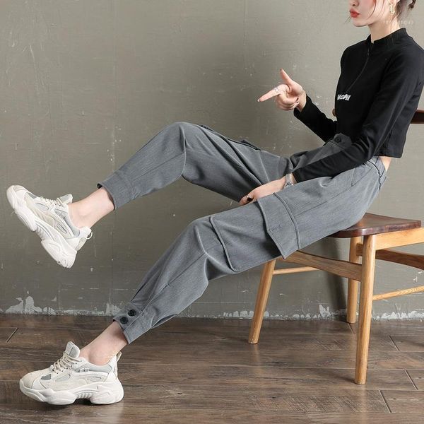 

women's pants & capris fashion cargo woman 2021 spring autumn thin slim high waist loose suit casual sweatpants women vintage streetwea, Black;white