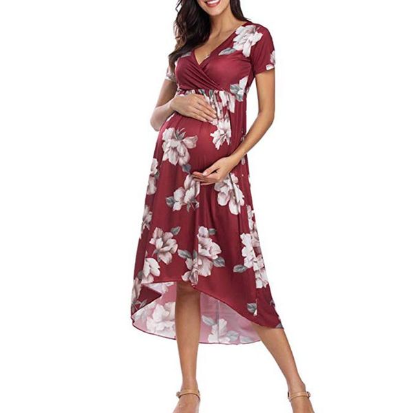 

women maternity bohemian short sleeve long dress casual for pregnant pregnancy clothes floral beach skirt dresses, White