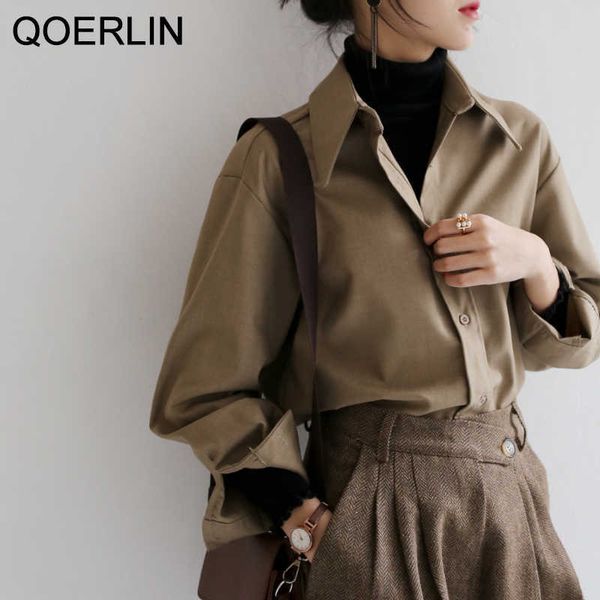 

coffee blouse women spring autumn casual solid color long sleeve shirt women korean loose shirt ol style workwear plus size s-xl 210721, White
