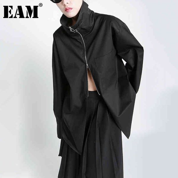 

[eam] women white zipper big size long blouse turtleneck long sleeve loose fit shirt fashion spring autumn 1dd6004 21512