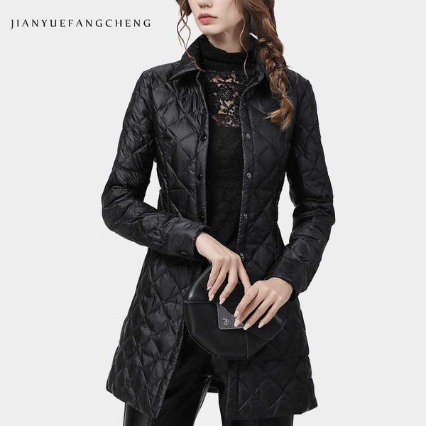 Piumino da donna moda invernale nero lungo leggermente caldo piumino d'anatra bianco giacche coreane elegante piumino sottile femminile 211012