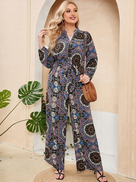 

plus scarf print notched neck belted jumpsuit r8vs#, Black