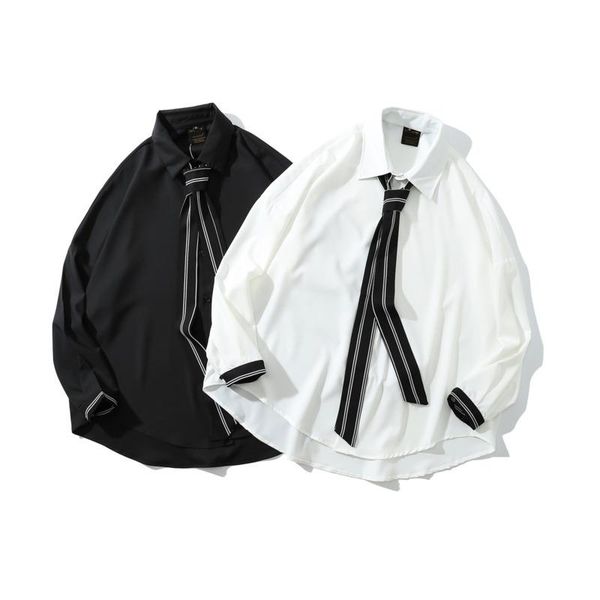 

men's casual shirts striped tie thin breathable oversized loose long sleeve harajuku style curved hem hip hop men autumn, White;black