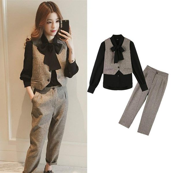 

two piece dress spring 3 pieces set women pullover long sleeve blouses shirts sleeveless vest and wide leg pants suit women's sets 202, White