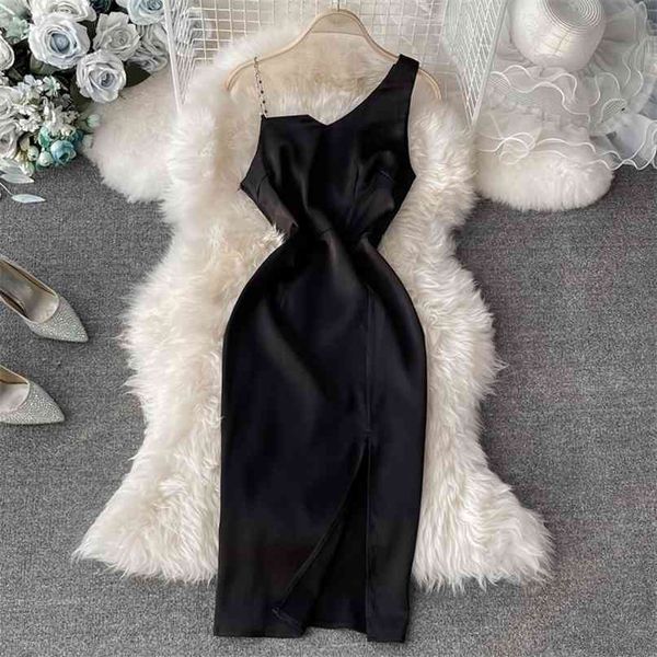 

design chain strap women dress pure color sleeveless summer party midi slim fit evening club vestidos 210603, Black;gray