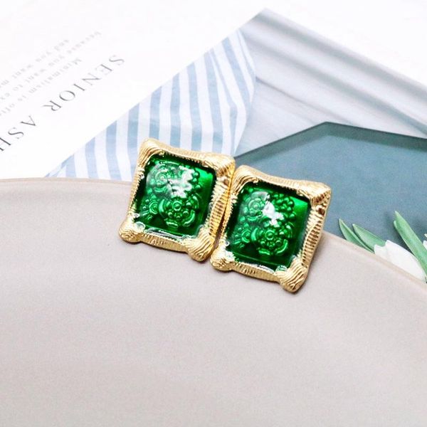 

clip-on & screw back green enamel square alloy sweet flower earring, Silver