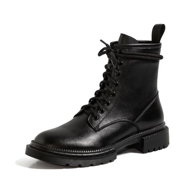 

boots female black genuine leather autumn retro style lace-up cross-tied thick bottom ankle booties for women winter
