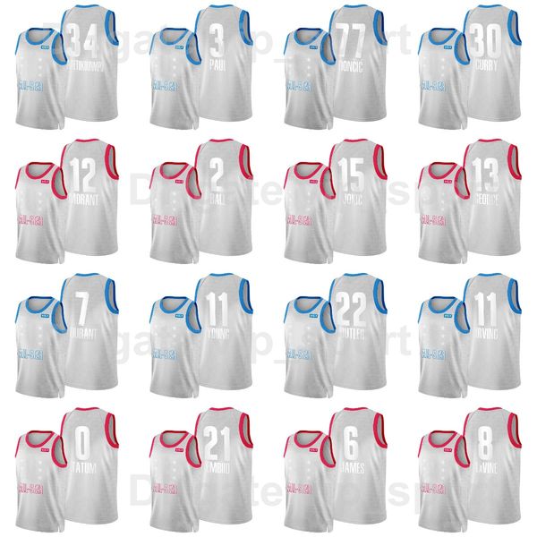 

print 2022 basketball jayson tatum all-star jersey 0 zach lavine 8 ja morant 12 lamelo ball 2 davis 3 andrew wiggins 22 giannis antetokounmp, Black;red