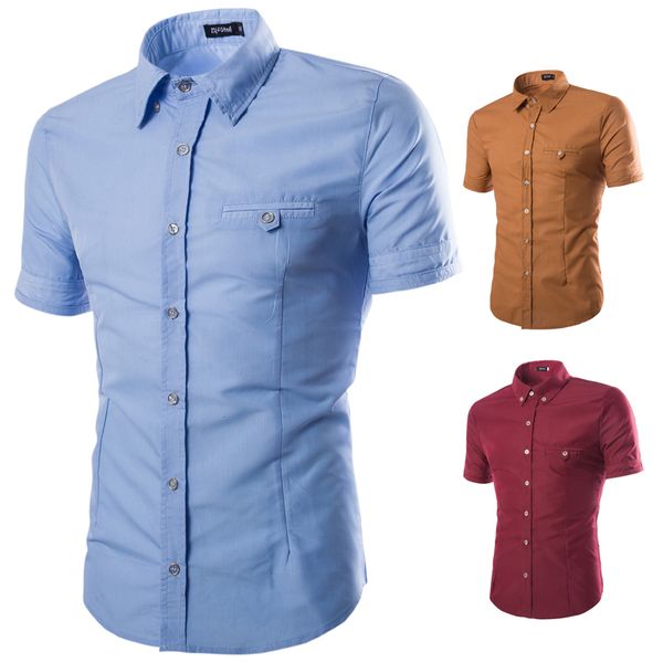 

men summer fashion short sleeve casual shirts slim fit office white shirt solid color camisa masculina, Black;brown