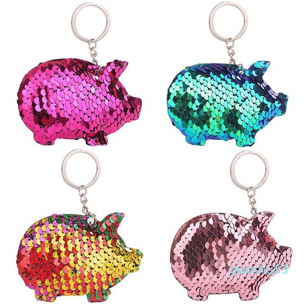 

cute chaveiro pig keychain glitter pompom sequins key chain gifts for women llaveros mujer car bag accessories key ring, Silver