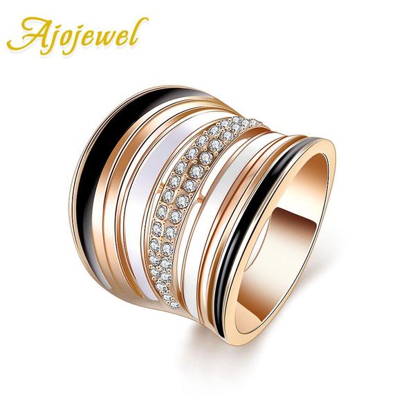 

cluster rings ajojewel size 8 9 luxurious anel de ouro black and white enamel cz stone big ring for women, Golden;silver