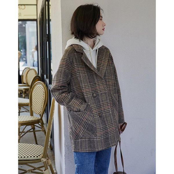 

women's wool & blends autumn blazer woolen coat women vintage plaid casual jacket long sleeve korean ladies woman coats winter warm ma, Black