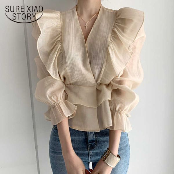 Ruffled profunda camisa de seda v-pescoço de seda moda fêmea vintage emagrecimento chiffon blusa sólida doce flare manga camisa de mulher 10334 210528