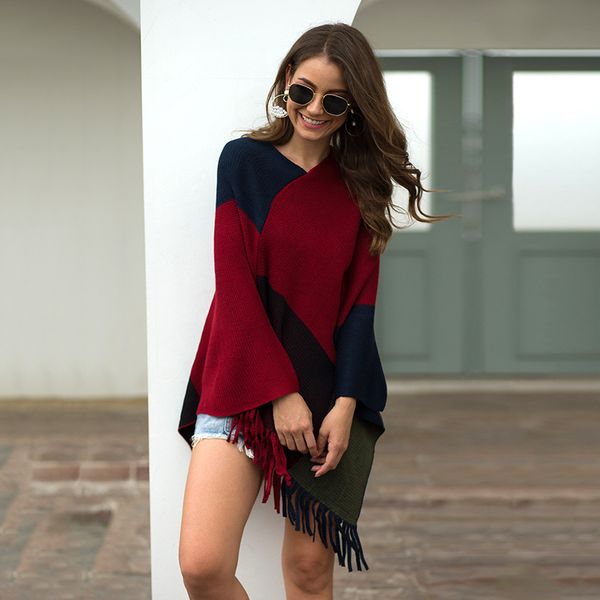 

aiujxk new arrival 2021 plaid color block tassel poncho sweater women fashion oversize shawl cloak pullovers female knitwearg, Blue;gray