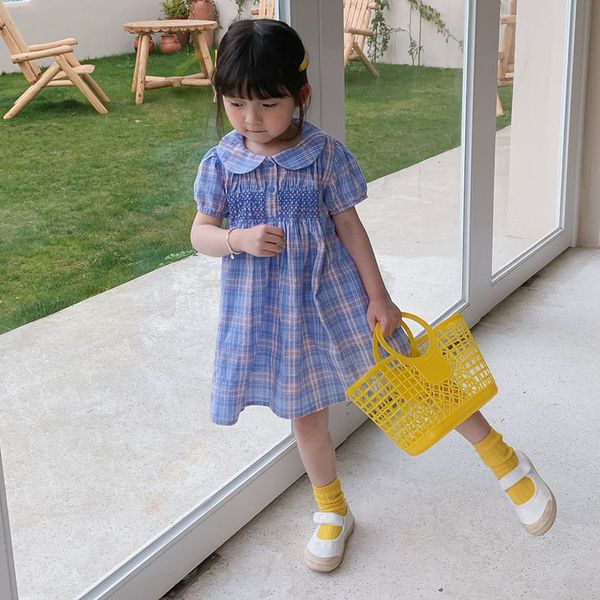 

summer baby girls short sleeve grid stripe dresses sweet kids girl princess clothing fashion 210521, Red;yellow