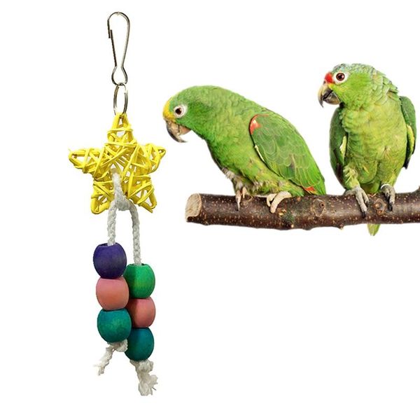 

other bird supplies parrot cage bite chew toy-rattan accessories woven yellow five-pointed star and colorful large wooden beads# a