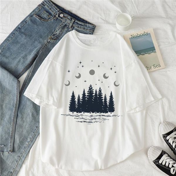 

ins retro dark forest print women t shirts letter universe faith harajuku tees shirt o neck short sleeve white