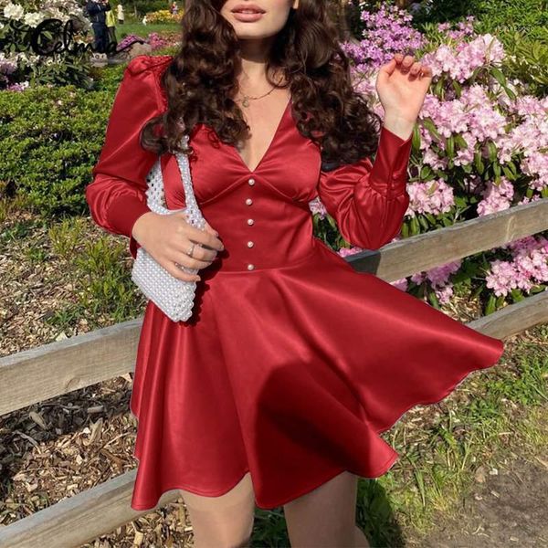 

casual dresses celmia elegant mini dress swing satin lantern long sleeve v-neck women 2021 fashion solid color high waist vestidos, Black;gray