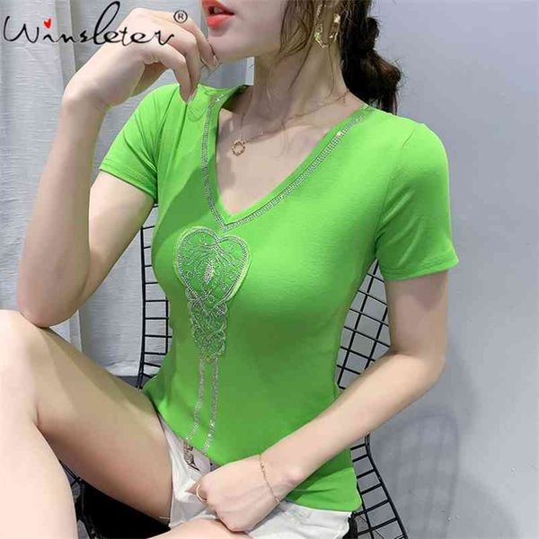 

summer korean style t-shirt chic v-neck diamonds women short sleeve cotton back bottoming shirt tees t14717a 210421, Black;gray
