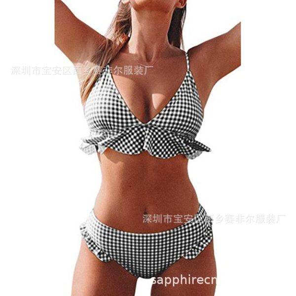 

avant-garde swimwear women's bikini pleated v-neck wave point two piece swimsuit, White;black