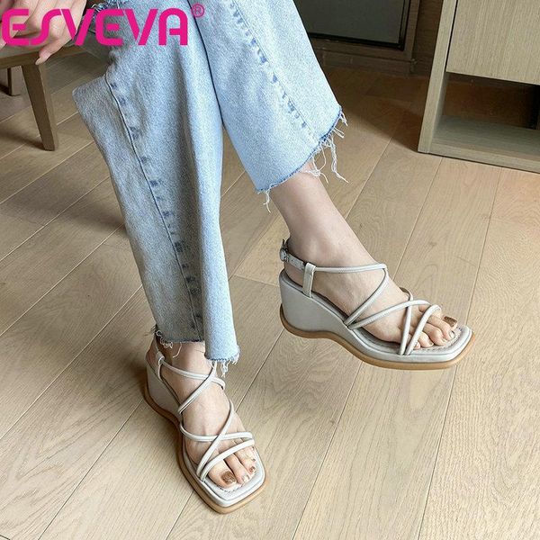 

sandals esveva 2021 platform ankle strap elegant women shoes summer wedge high heel genuine leather female pumps size 34-39, Black