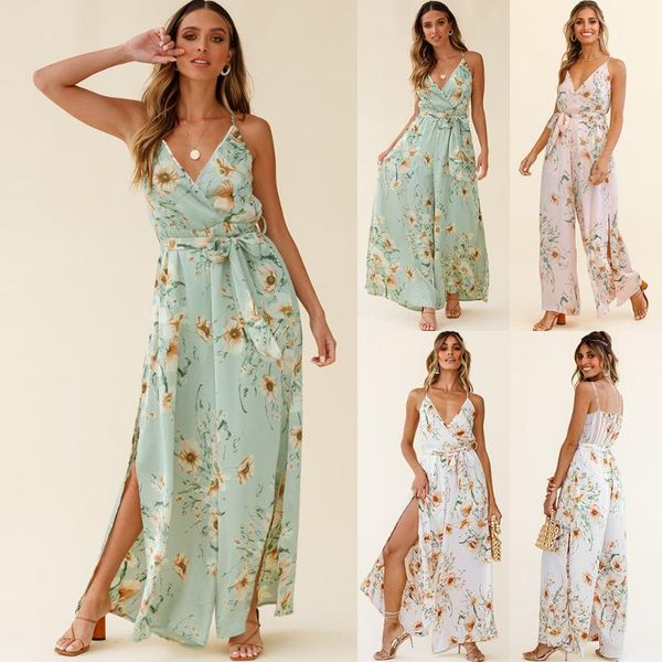 

women's tracksuits 2021 summer split fork rompers floral casual sling beach pants suit women v-neck fashion elegant vintage maxi clothi, Gray