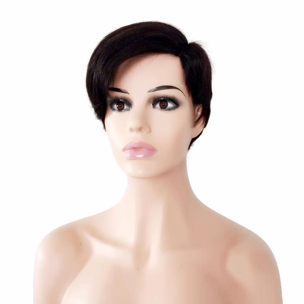 

short human pixie cut side u part little lace front hair wigs for black women glueless short bob capless wig, Black;brown