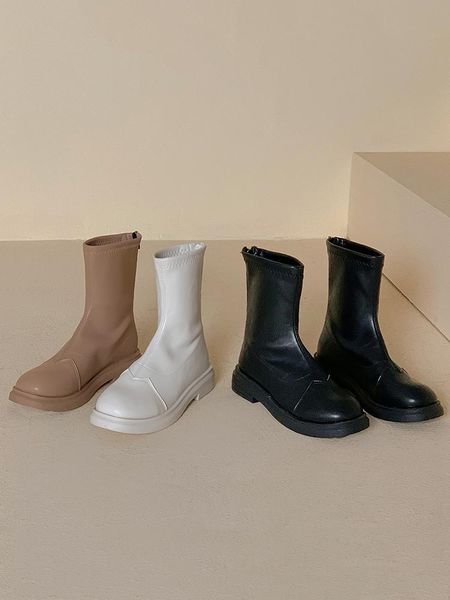 

boots women's mid calf round toe winter footwear autumn shoes back zip boots-women zipper luxury designer black 2021 low rubber