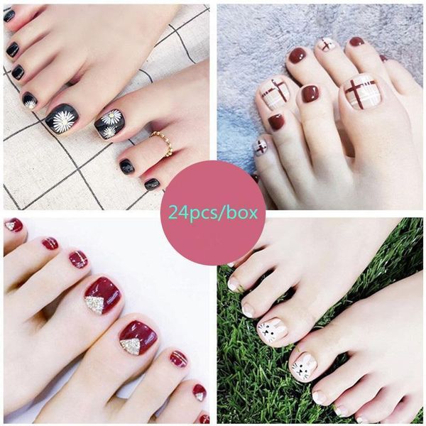 

pcs/set full covered acrylic fake foot toe nails pedicure design accessories nail art decorations with self adhesive sticker1, Black