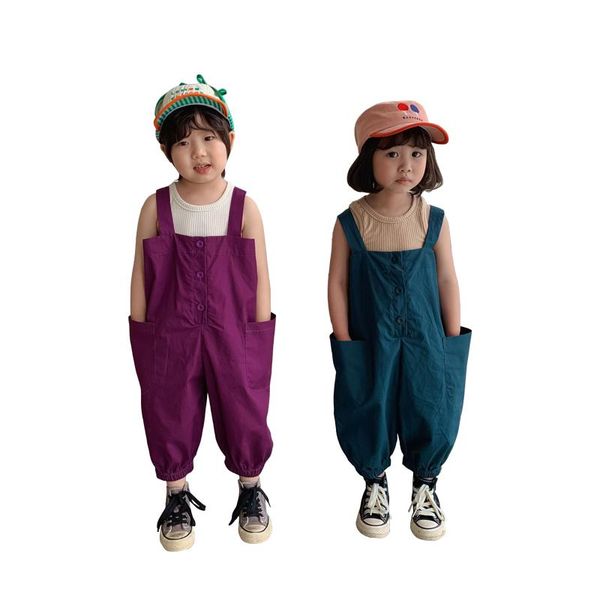 

jumpsuits kids overalls age for 2 - 8 yrs baby girls boy back to school rompers 2021 summer casual loose korean style children's pants, Blue