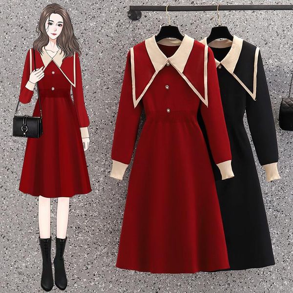 

casual dresses 2021 autumn winter ladies lapel collar knitted dress elegant design women red hit color pearl button deco slim waist vestido, Black;gray
